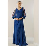 By Saygı V-Neck Front Draped Lined Sleeves Tulle Guipure Detailed Wide Size Chiffon Long Dress | Shoptok.si