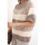 Kesi Włoski Women's striped short-sleeve sweater made of wool beige + fango | shoptok.hr