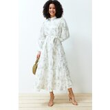 Trendyol Ecru Stand Collar Floral Belted Poplin Woven Dress | Shoptok.si