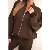 Polski Women's cotton set with wide leg pants and zip-up hoodie brown | Shoptok.si