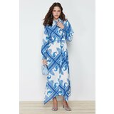 Trendyol Blue Shawl Pattern Asymmetric Skirt Detailed Tied Woven Dress cene