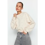 Trendyol Beige Thick Fleece Inside, Stone Detailed Regular/Regular Knitted Sweatshirt Cene