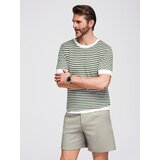 Ombre Men's knitted t-shirt with navy stripes and openwork weave - olive and white | shoptok.hr