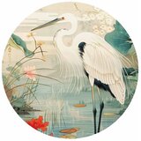  Okrugla fototapeta - By an Asian pond - an illustration in the style of a Japanese engraving depicting a heron 180x180 | shoptok.hr