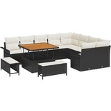 vidaXL 12-delna vrtna sedežna garnitura z blazinami Črn poli ratan acacia, 2-sedežna vrtna sofa z shranjevanjem in blazinami Črn poli ratan, 3-delni vrtni jedilni set z blazinami Črn poli ratan acacia Cene