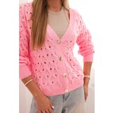 Kesi Włoski Women's openwork sweater with a V-neck and golden buttons light pink | shoptok.hr