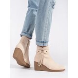 Shelvt Suede light beige women's wedge boots with fringes | Eponuda.ba