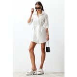 Trendyol White Belted 100% Cotton Mini Woven Shirt Dress Cene