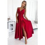 Numoco 498-4 Long satin dress with neckline and double straps - RED | Shoptok.si