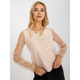 Fashion Hunters Beige formal blouse with mesh sleeves Cene