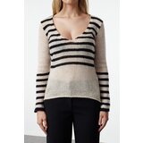 Trendyol Beige Soft Textured Loose Knit Striped Sweater Cene