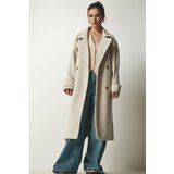  Women's Cream Double Breasted Neck Belted Oversize Cachet Coat | shoptok.hr