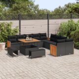 vidaXL set od 13 komada vrtnih sofa s jastučićima crni poli ratan akacija, set od 3 komada vrtnih stolova s jastučićima crni poli ratan akacija | shoptok.hr