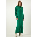  Women's Green Zipper Collar Ribbed Long Knitwear Dress | Eponuda.ba