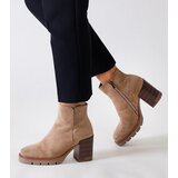 Gemre Beige block heel ankle boots with wood motif eco-suede Hamida | shoptok.hr