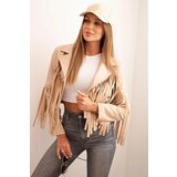 Kesi Włoski Women's faux leather jacket with fringes in boho style light camel Cene