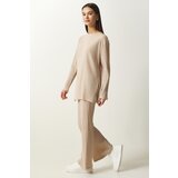 Happiness İstanbul Women's Beige Corded Knitted Blouse and Trousers Set Cene