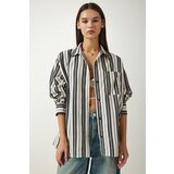  Women's Cream Black Striped Oversize Knitted Shirt Cene