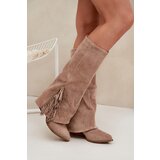 Boto Ladies Slip-On Cowboy Boots With Heel And Fringes Beige Zalia | Shoptok.si