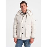 Ombre Men's winter jacket with detachable hood and cargo pockets - cream | ePonuda.com