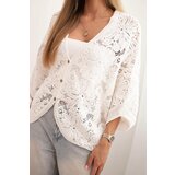 Kesi Włoski Women's summer openwork sweater with short sleeves and floral pattern ecru | shoptok.hr