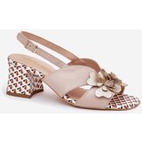 Laura Messi Leather Women's Heeled Sandals With Flowers Beige 2950 | Shoptok.si