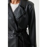  Women's Black Faux Leather Double Breasted Collar Short Trench Coat | Eponuda.ba