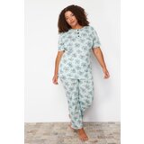 Trendyol Curve Mint Buttoned Flower Patterned Knitted Pajamas Set Cene