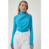 Happiness İstanbul Women's Turquoise Gathered Detailed High Neck Sandy Blouse