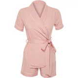 Trendyol Pale Pink Tie and Piping Detailed Shirt-Shorts Woven Pajamas Set