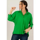 armonika Women's Green Loose Linen Shirt with Pockets