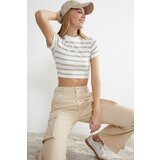 Trendyol Limited Edition Stone Ecru Striped Viscose Crop Crew Neck Stretchy Knitted Blouse Cene