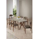 Hanah home trpezarijski set Zerra, sto i 6 stolica, ploča u dekoru travertina, noge sa završnom obradom u izgledu drveta, kapućino tkanina Babyface | Eponuda.com