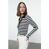 Trendyol Black Polo Neck Basic Striped Knitwear Sweater