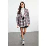 Trendyol Gray Oversize Lined Double Breasted Closure Woven Plaid Blazer Jacket