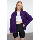 Trendyol Purple Hooded Oversize/Wide Fit Zippered Hooded Thick Fleece Sweatshirt Cene