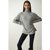 Happiness İstanbul Women's Gray Turtleneck Ribbed Oversize Knitted Blouse cene