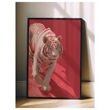 Wallxpert uramljena slika 115262, beli tigar na crvenoj pozadini, 30 x 40 cm, crni ram u