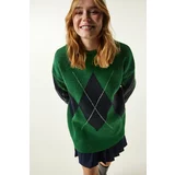 Happiness İstanbul Green Premium Diamond Pattern Oversize Knitwear Sweater