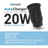 Teracell Auto punjač Evolution TC-10 PD 20W/ USB QC3.0 15W sa Type-C kablom crni | ePonuda.com