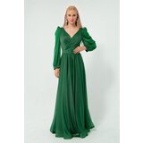 Lafaba Women's Emerald Green Double Breasted Neck Silvery Long Flared Evening Dress cene