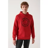 Avva Men's Red Hooded 3 Thread Fleece Inside Printed Standard Fit Regular Cut Sweatshirt