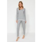 Trendyol Gray Heart Embroidered Lace Detailed Cotton Tshirt-Pants Knitted Pajamas Set Cene