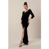 By Saygı Pleated Long Corduroy Dress with a Slit Black Cene