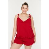 Trendyol Curve Red Ruffle Detailed Strap Knitted Pajamas Set Cene