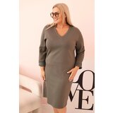 Kesi Włoski Plus Size women's dress in butter color with a V-neck and khaki sleeve Cene