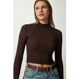 Happiness İstanbul Women's Dark Brown Ribbed Turtleneck Crop Knitted Blouse Cene