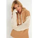 Cool & Sexy Women's Camel Sleeve Openwork Hooded Sweatshirt YLE12