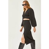 Olalook Women's Black Slit Skirt Knitted Suit Cene