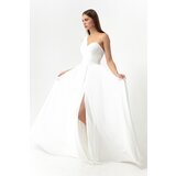 Lafaba Women's White One-Shoulder Slit Long Evening Dress Cene'.'